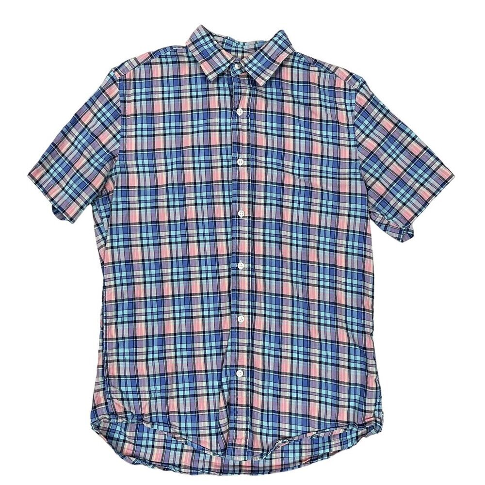 the GAP Slim Fit Plaid Pink & Blue Short Sleeve Button Down Shirt‎ Size Medium